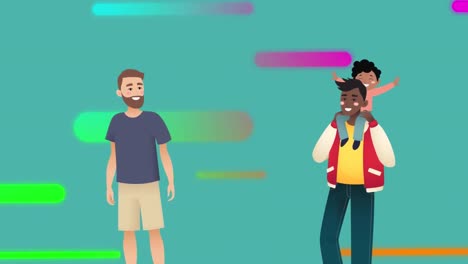 animation of illustration of happy biracial gay male parents and son, with colourful shapes on blue