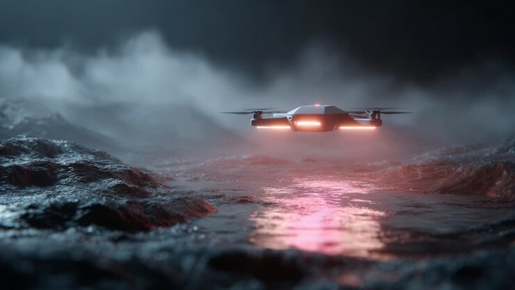 A Futuristic Drone Soars Above an Ethereal Misty Ocean Landscape, Featuring Dynamic Lighting and Reflective Water Surfaces in a Mysterious Atmosphere