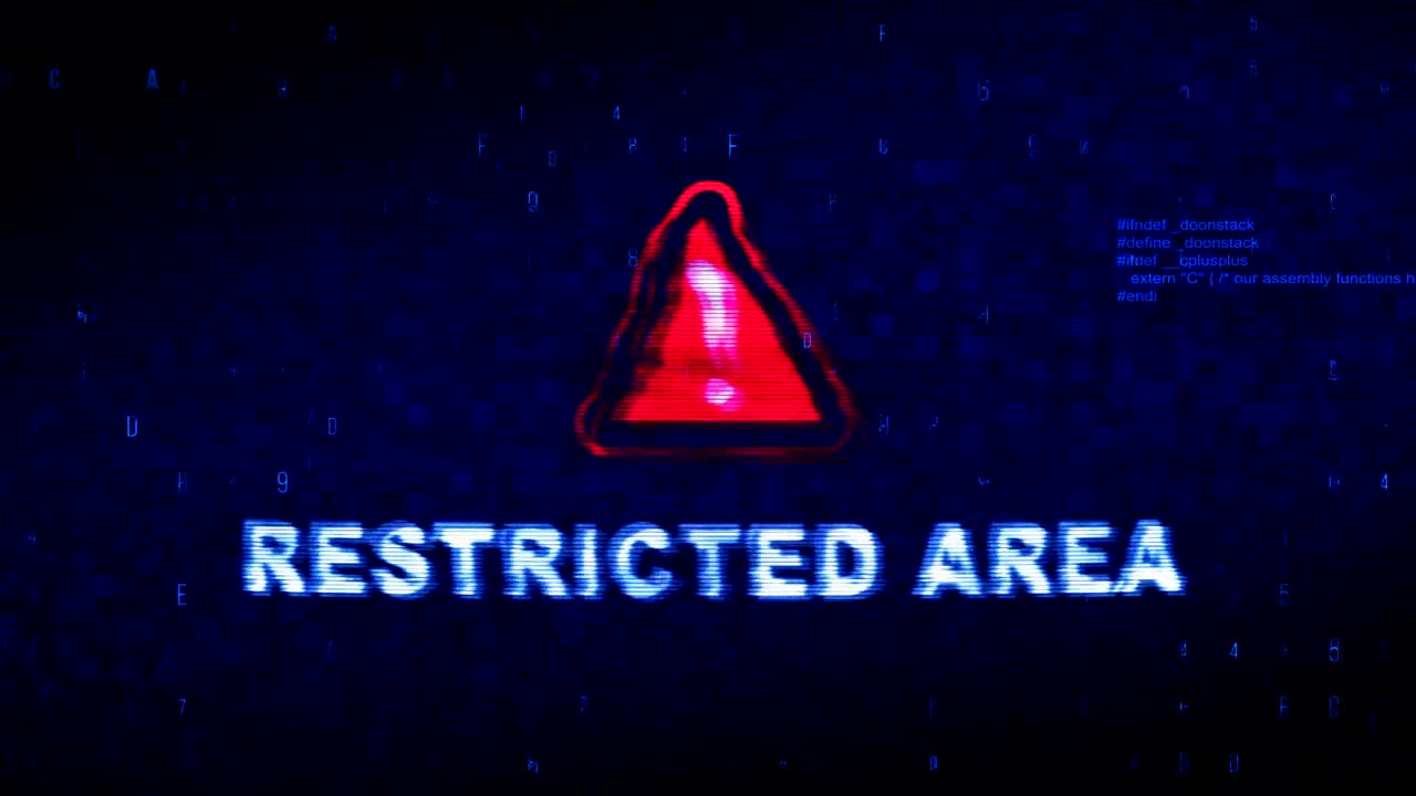 texto de área restringida ruido digital contracción glitch distorsión efecto error animación de bucle.