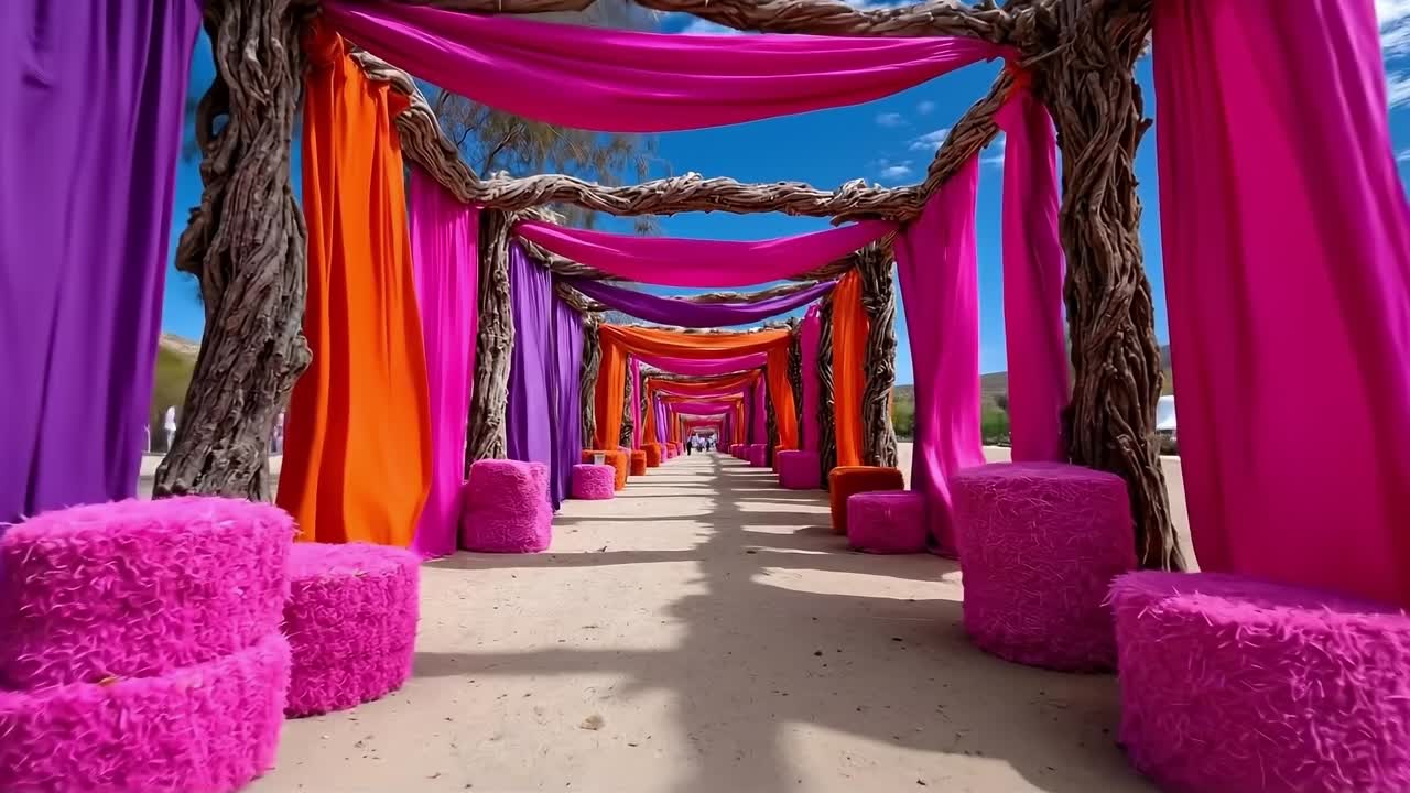 Passerella fiancheggiata da tessuto rosa e arancione ricoperto di ramoscelli