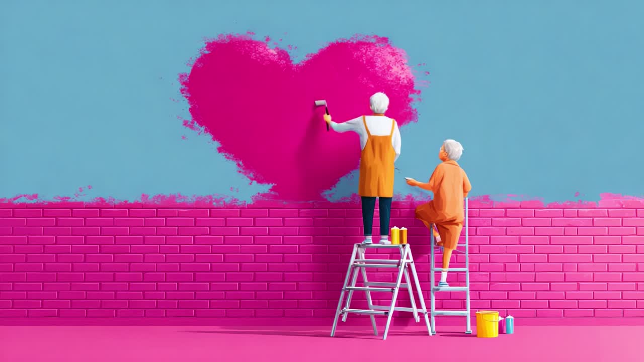 Two elderly individuals joyfully collaboration on a vibrant wall painting, showcasing their artistic spirit as they create a large pink heart design against a blue backdrop