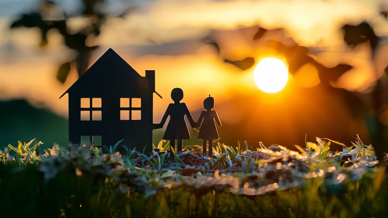 A house with two people holding hands in front of it. The house is black and the sun is setting