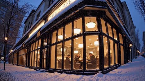 Warm, inviting cafe scene shot from a low-angle, capturing a cozy atmosphere through large windows