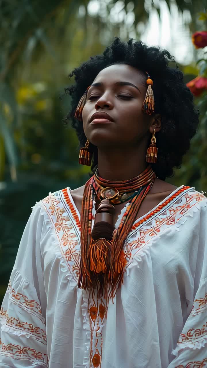 Vertical video: Standing woman meditating, camera tightening, showing embroidered tunic and pendant