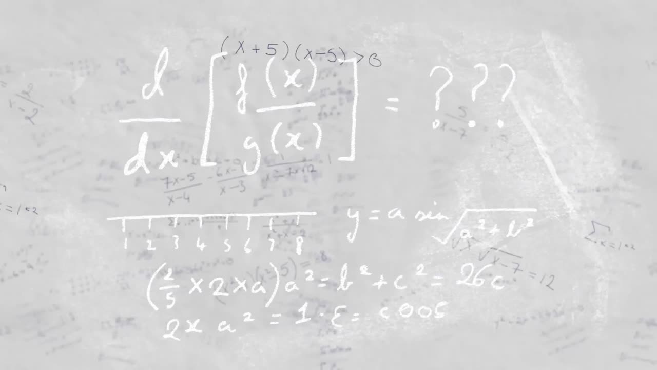 색 배경 위에 떠다니는 다채로운 수학적 방정식의 애니메이션