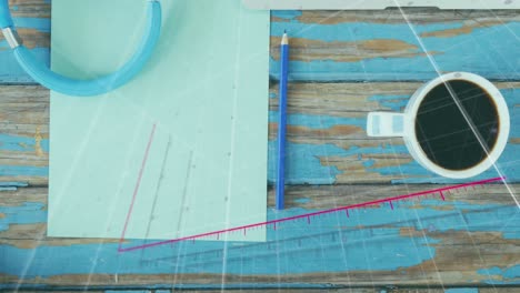 animación del procesamiento de datos estadísticos contra una computadora portátil, una taza de café y auriculares en una superficie de madera