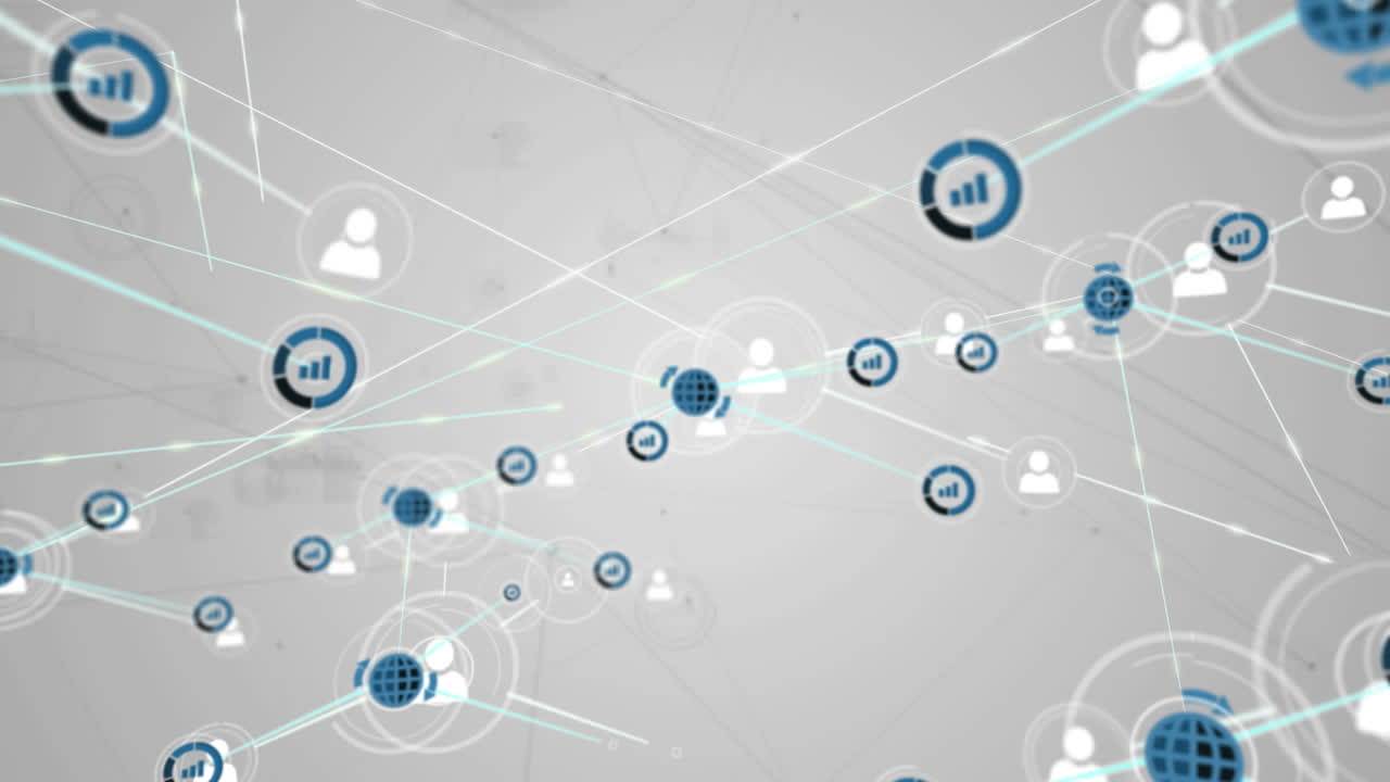 animación de redes de conexiones con iconos sobre fondo blanco