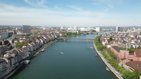 basel switzerland aerial drone over rhine river modern architecture city