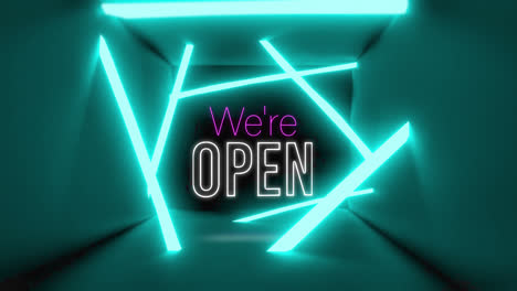 animation of we're open text in pink and white over blue neon lines on black