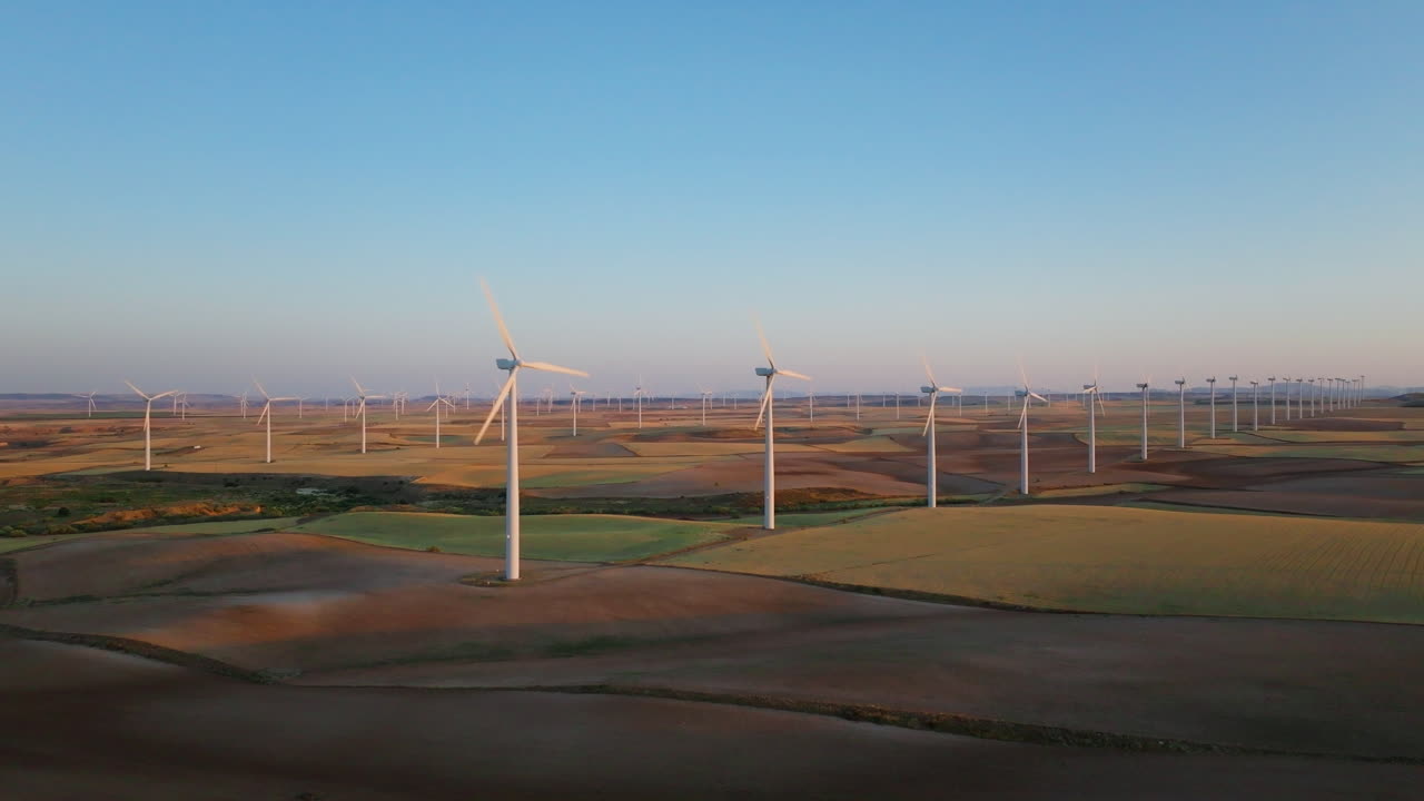 해가 뜨고 해가 지는 풍력 발전소 풍경