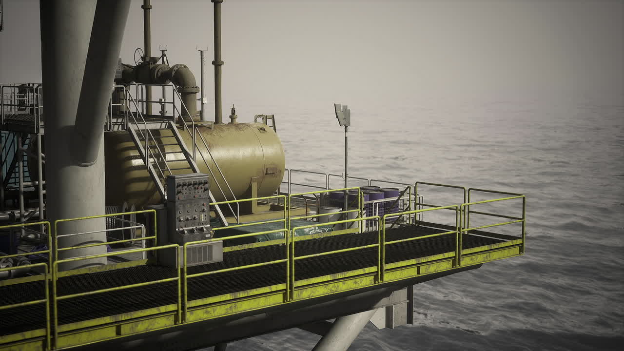 Forvitret olieplatforms rækværk med oceanisk baggrund og saltpatina.