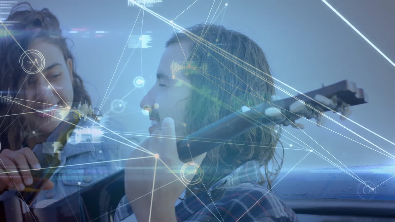 Young people enjoying drinks with digital network connections overlay animation