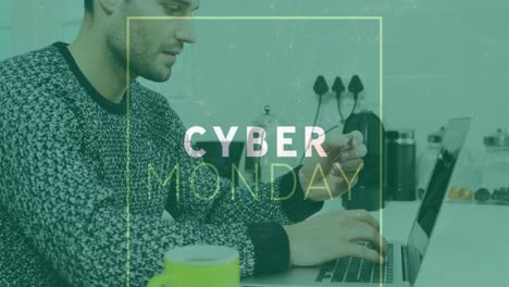animación de texto de cyber monday sobre hombre caucásico usando una computadora portátil