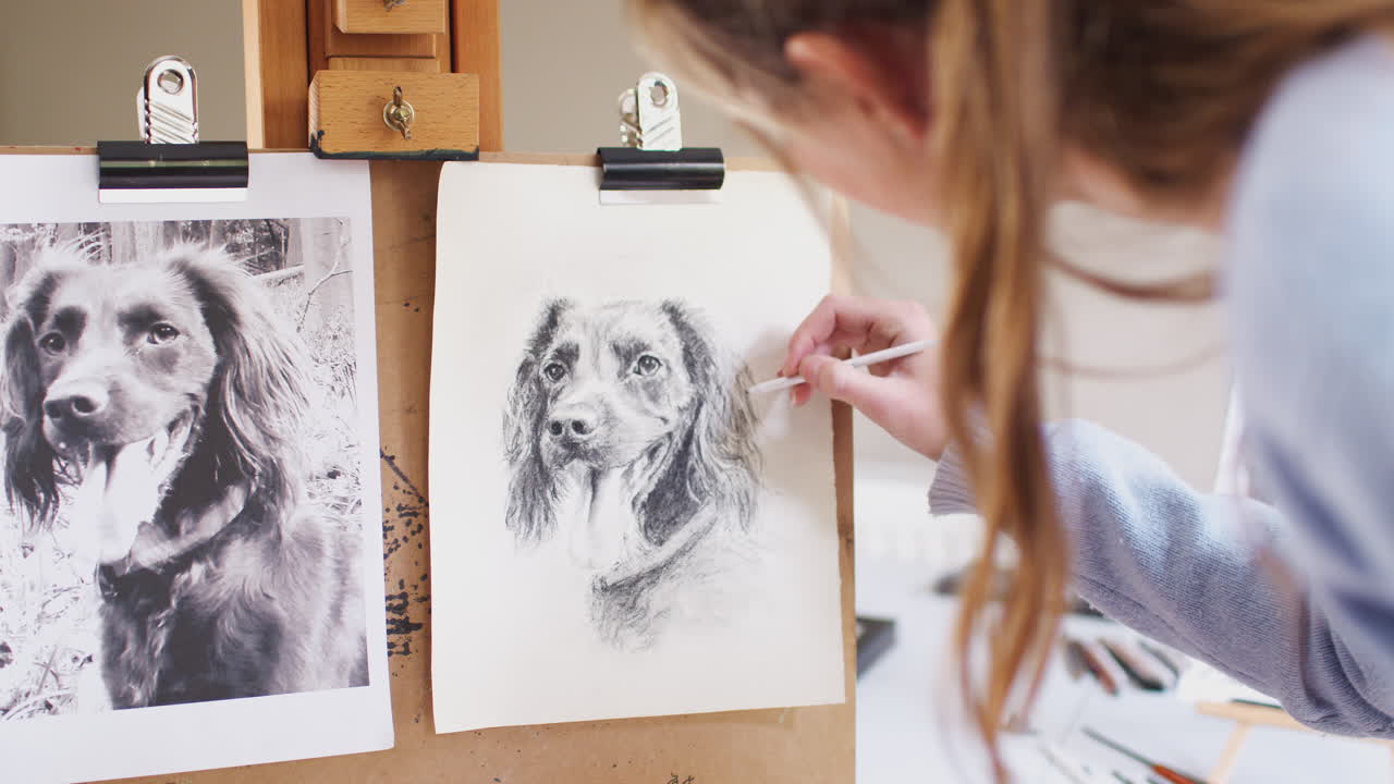 Female Teenage Artist Sitting At Easel Drawing Picture Of Dog From Photograph In Charcoal