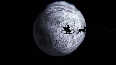 animation of santa claus in sleigh with reindeer passing over moon and stars