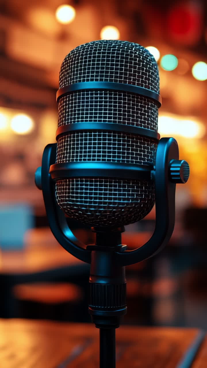 Vintage mic poised to perform. A vintage microphone sits on a wooden table, surrounded by cozy decor and warm ambient lighting.