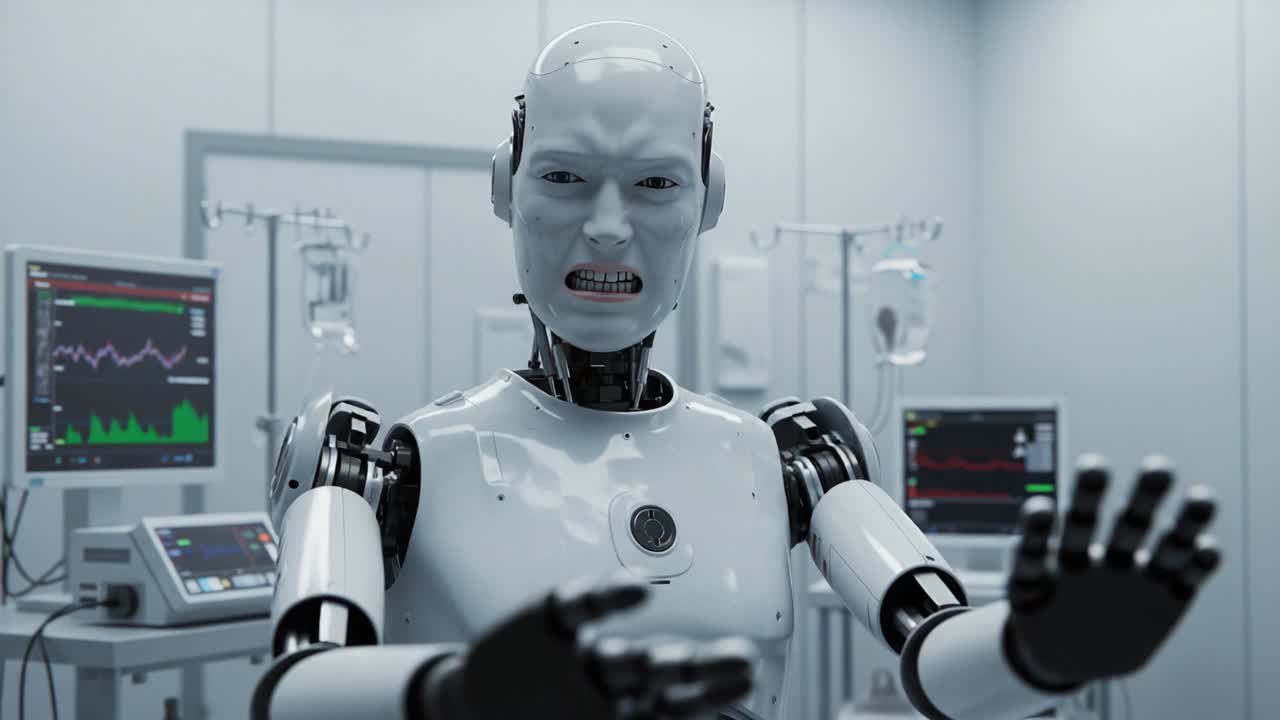 A Highly Advanced Robotic Healthcare Assistant Displays Emotional Distress and Aggression in a Sterile Medical Environment with Futuristic Medical Equipment Nearby
