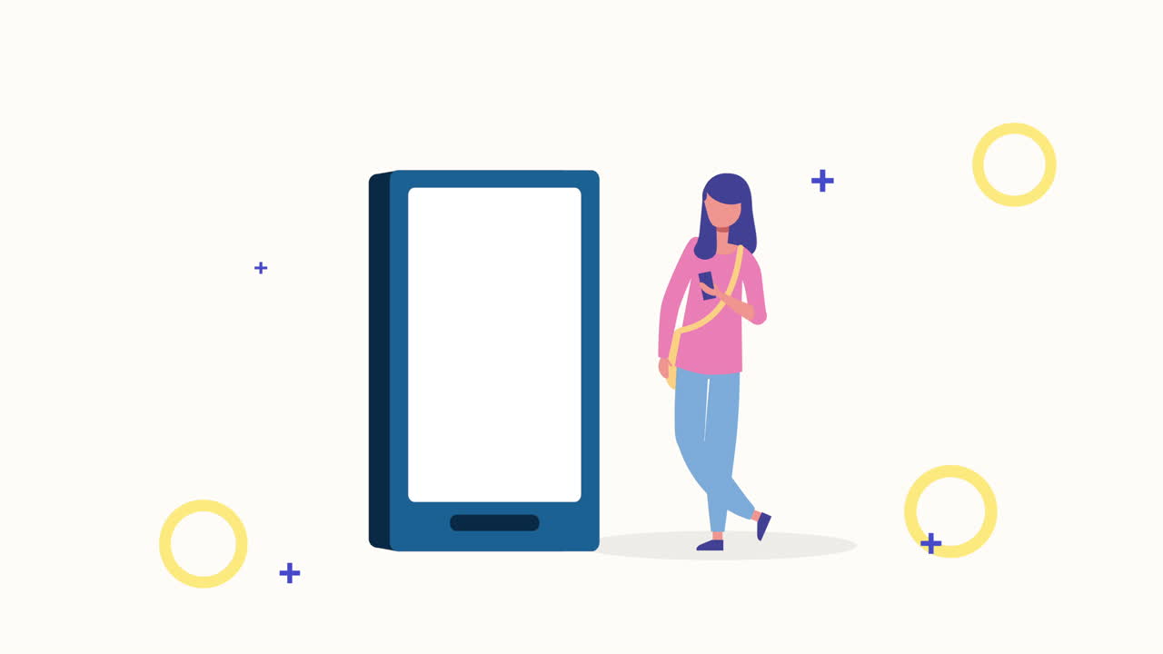 스마트폰 캐릭터를 사용하는 젊은 여성