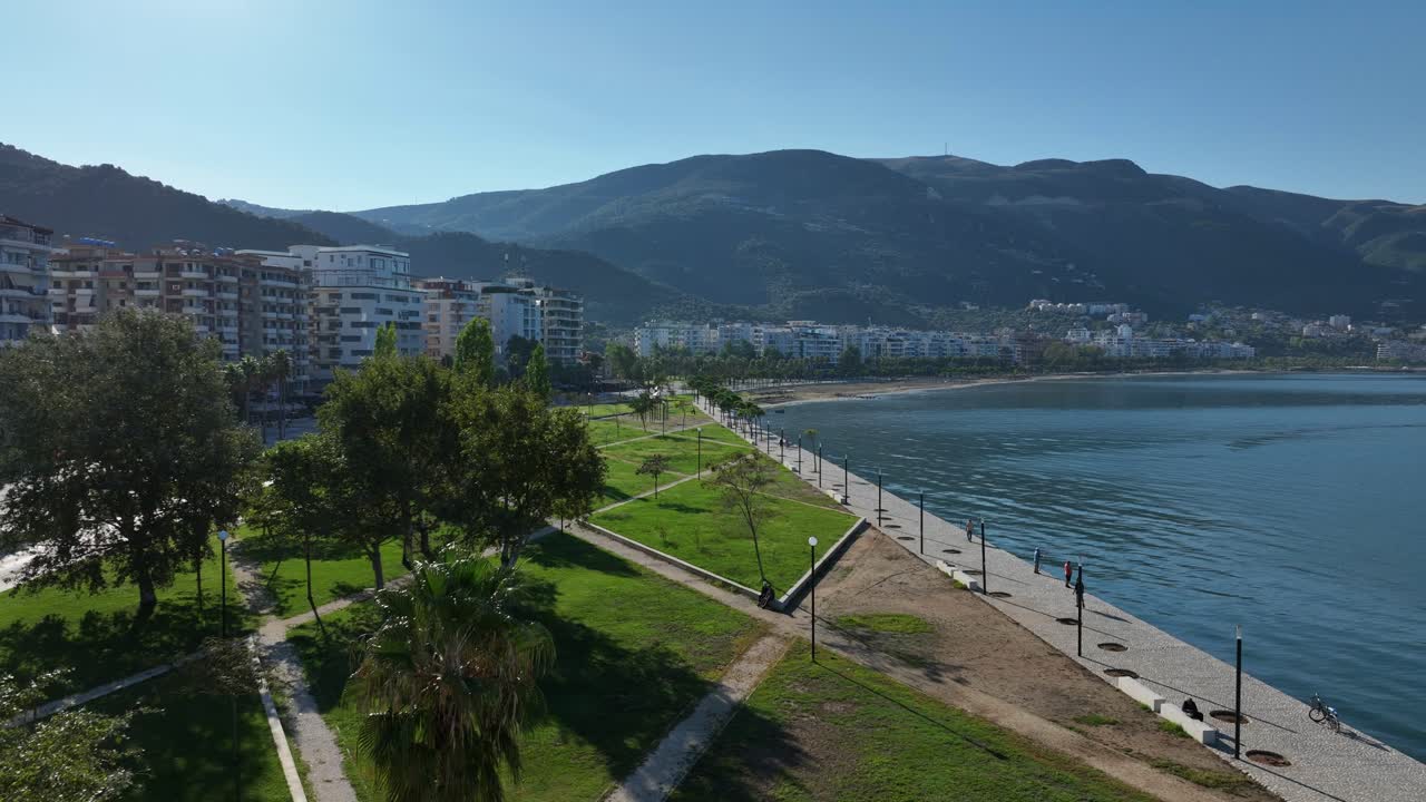 A beautiful aerial view of Vlore, Albania, showcasing the serene beach and surrounding buildings