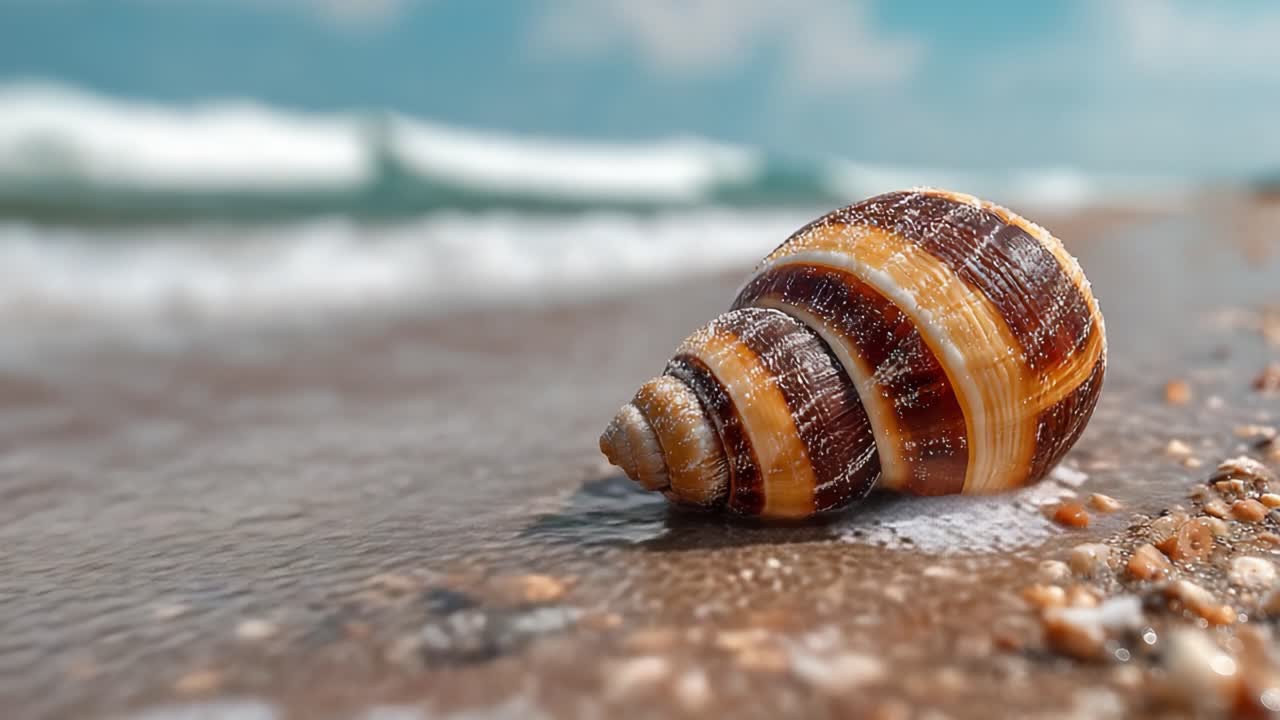 A Beautiful Close-Up of a Spiral Shell on the Sandy Beach, Captured as Waves Gently Lapping the Shore Create a Serene Coastal Scene in the Background
