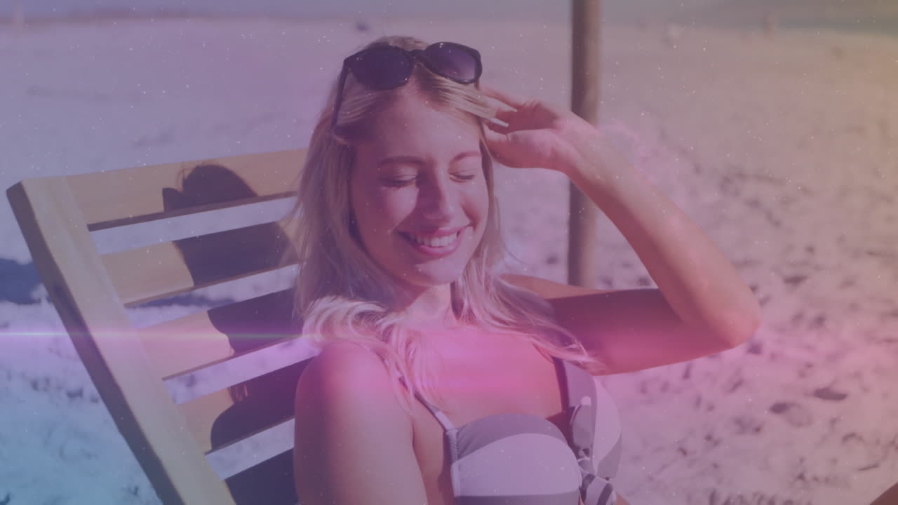 woman reclining on beach chair on sand, with animated sun icon, temp chart for travel marketing