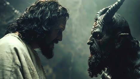 confrontation of good and evil: jesus and a demonic figure
