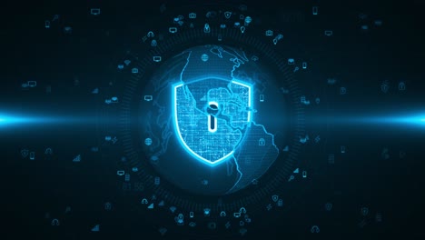 motion graphic of blue security shield and earth sphere with icon technology futuristic elements abstract background