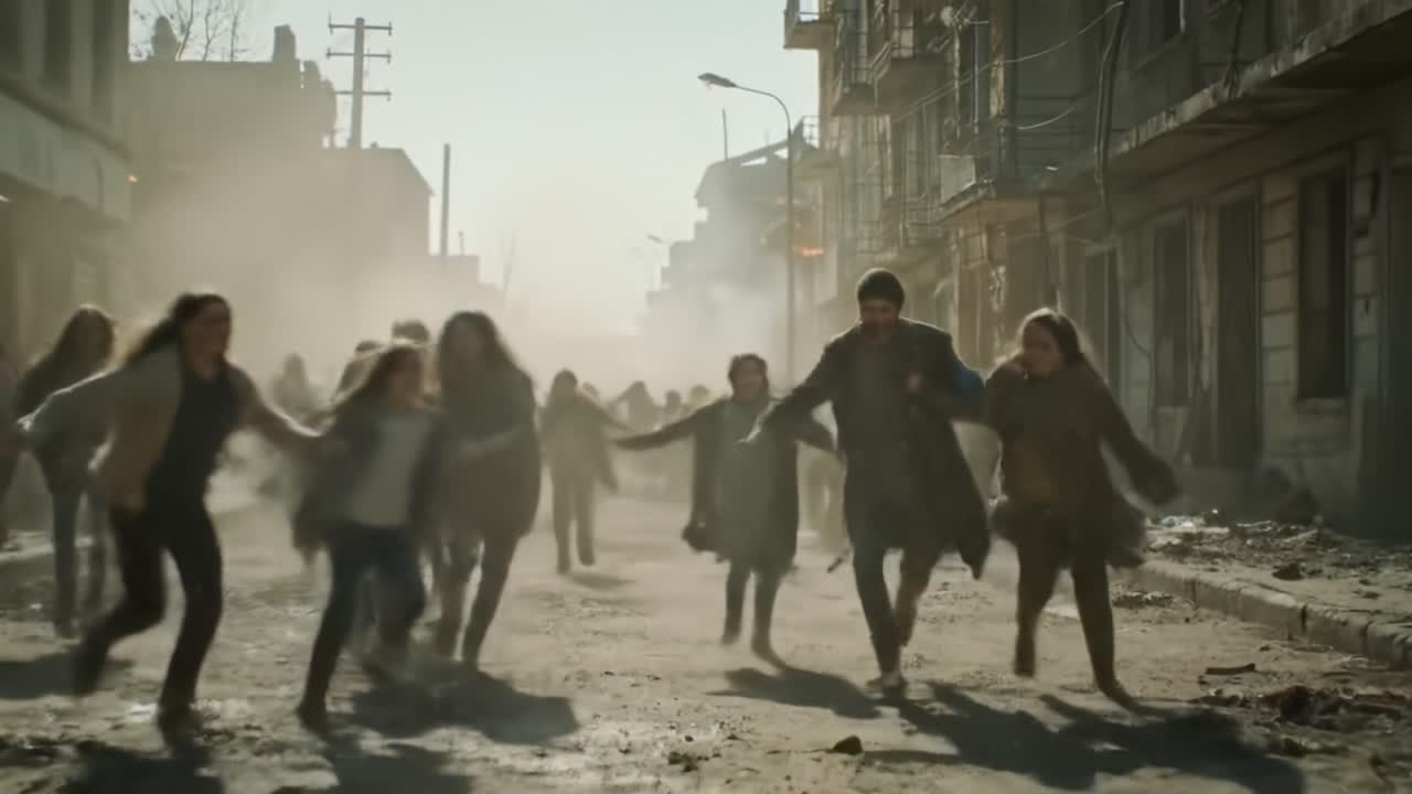 A chaotic scene depicts a group of people sprinting through a smoke-filled urban landscape, possibly escaping from an unknown danger in a dramatic moment.
