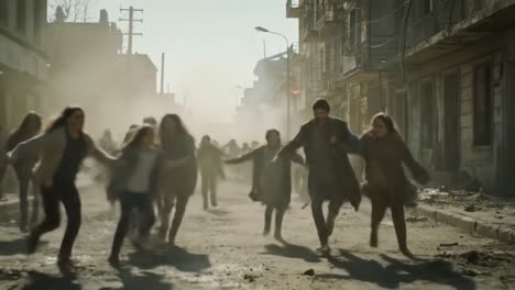 a chaotic scene depicts a group of people sprinting through a smoke-filled urban landscape, possibly escaping from an unknown danger in a dramatic moment.