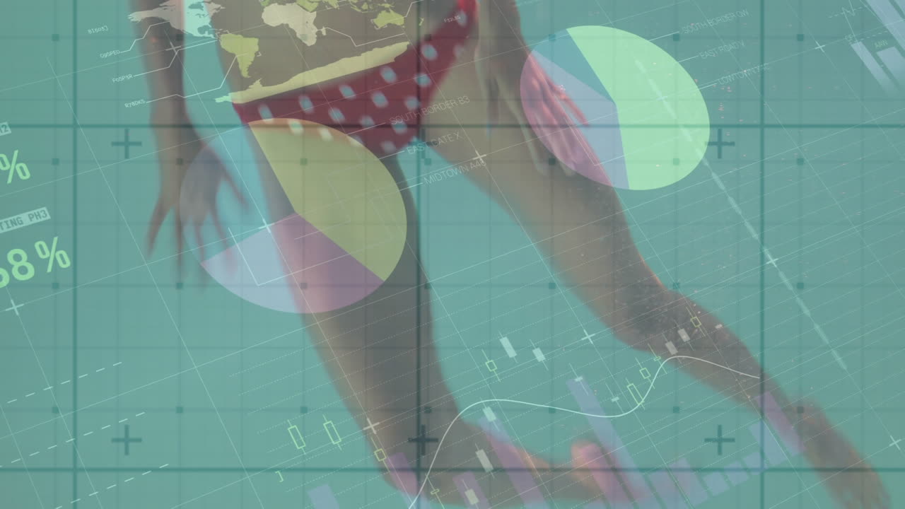 animación de estadísticas y procesamiento de datos sobre mujeres caucásicas que nadan bajo el agua en la piscina
