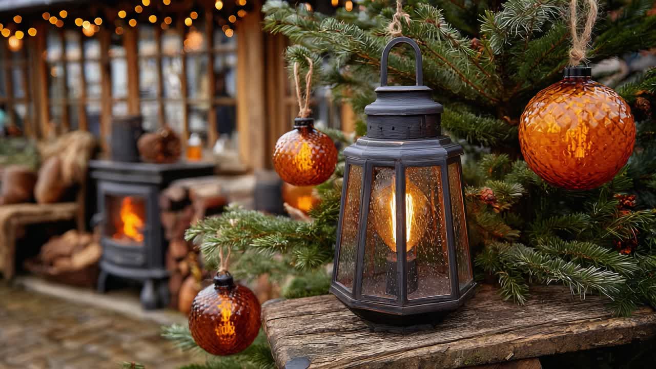 A Beautifully Decorated Outdoor Scene Featuring a Warm Lantern and Decorative Ornaments, Perfectly Set Against a Cozy Background with Soft Lighting and Holiday Atmosphere