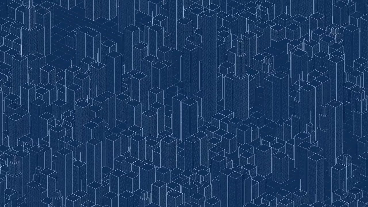abstract isometric city blueprint rotating loopable animation, futuristic urban landscape and modern architectural design