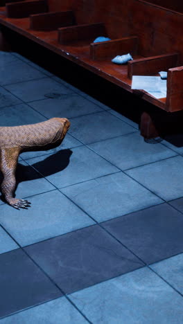 a monitor lizard walks across a tiled floor