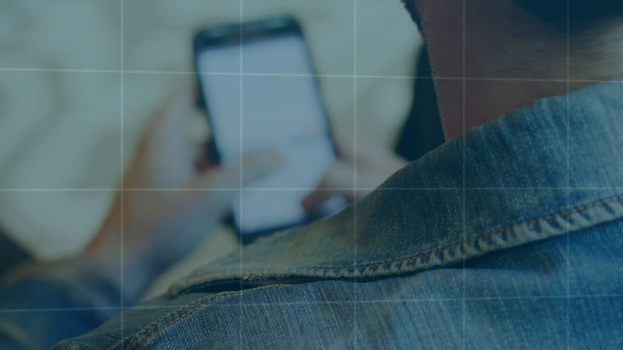 Man moving phone closer tapping typing for finance insight while charts and map overlaying phone