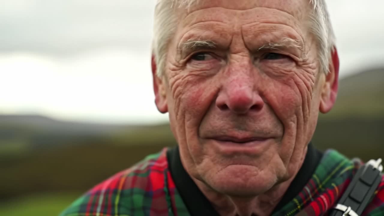 Uomo anziano in abiti tradizionali condivide storie e saggezza nelle Highlands scozzesi durante le ore del tramonto