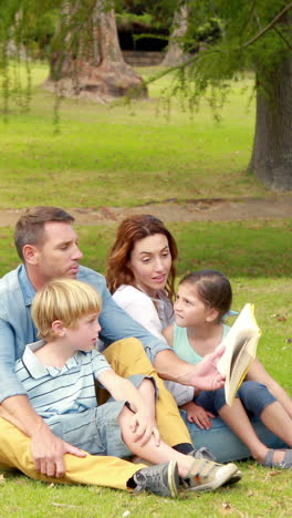 happy family sitting on grass and reading book