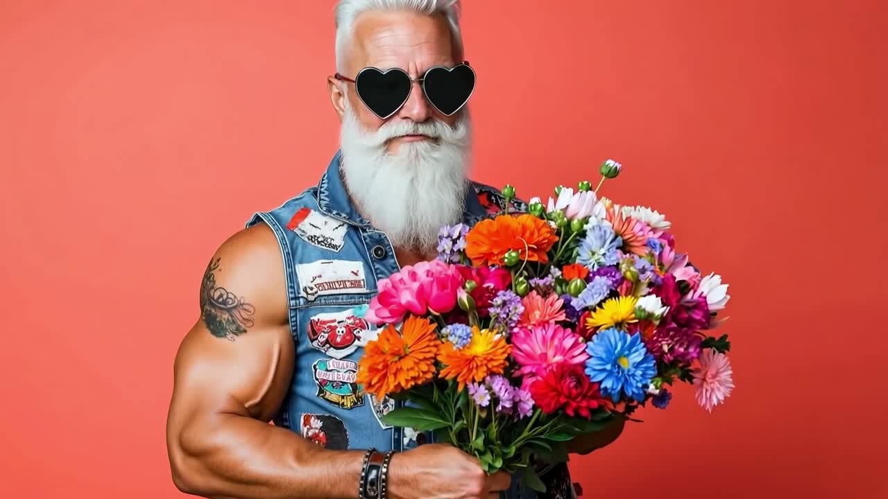 Un uomo con una lunga barba bianca che tiene un mazzo di fiori