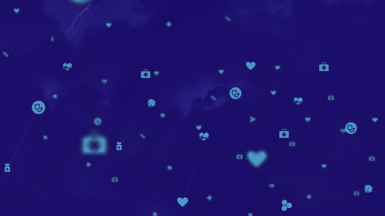 Animação de rede de conexões com ícones em plano de fundo azul