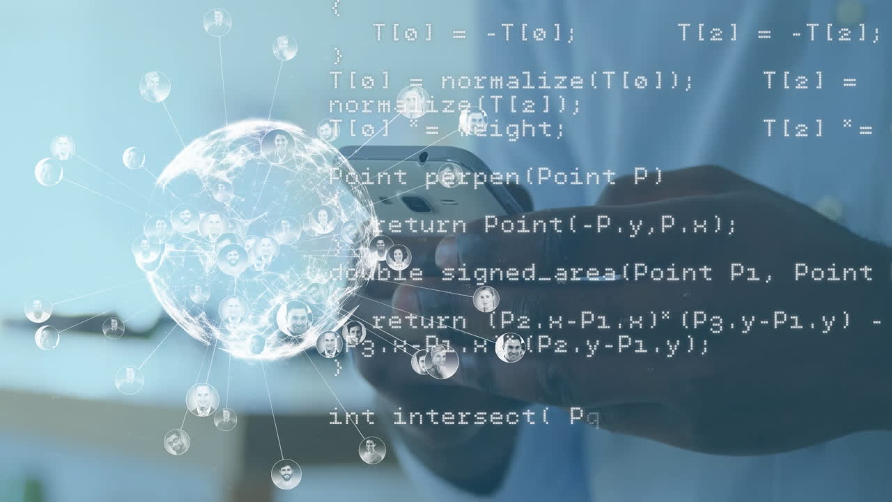 스마트 폰을 사용하는 두 인종 남성의 데이터 처리 및 전 세계 애니메이션