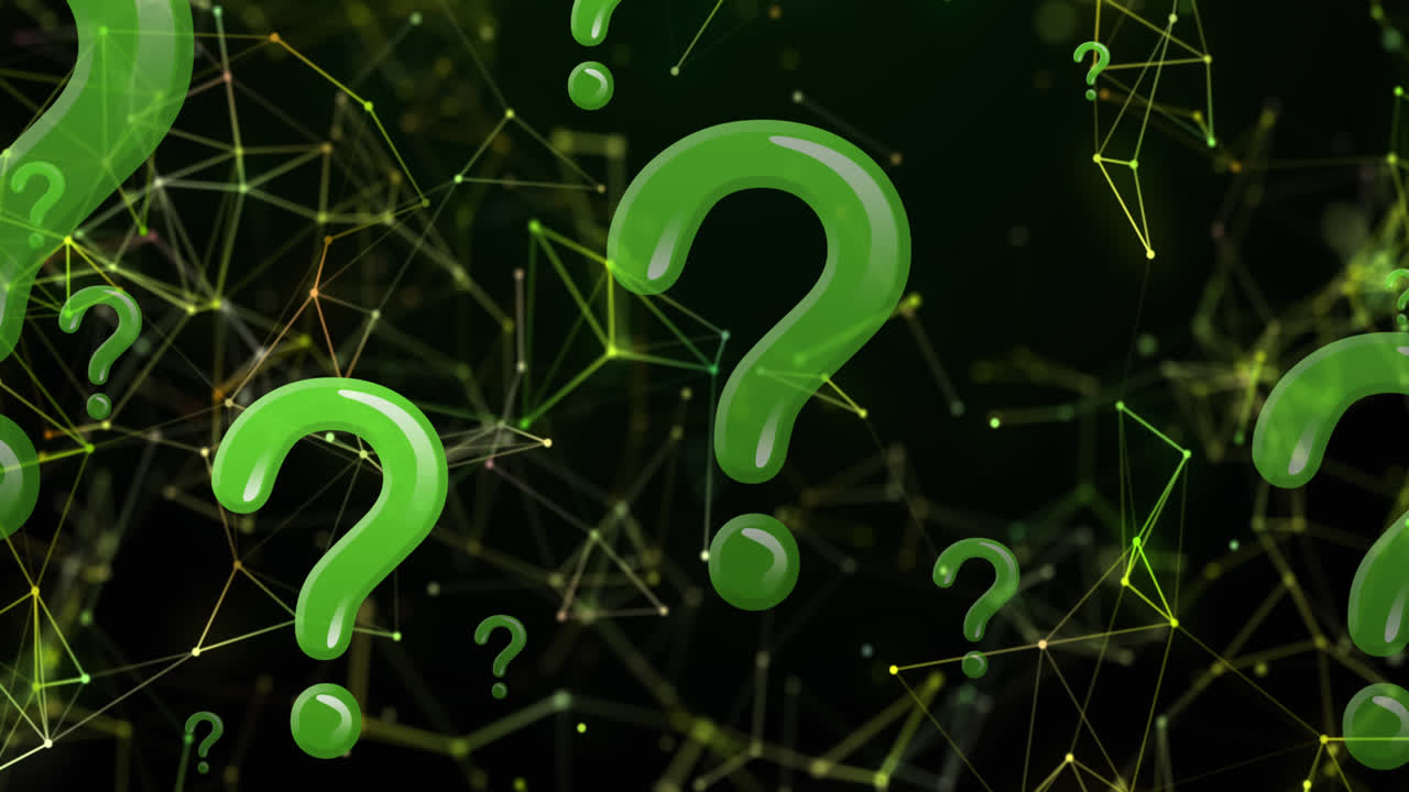 animación de signos de interrogación verdes sobre redes de conexiones