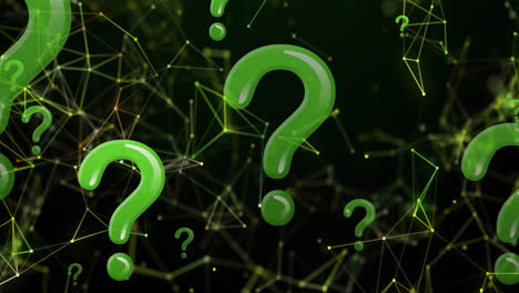 animación de signos de interrogación verdes sobre redes de conexiones