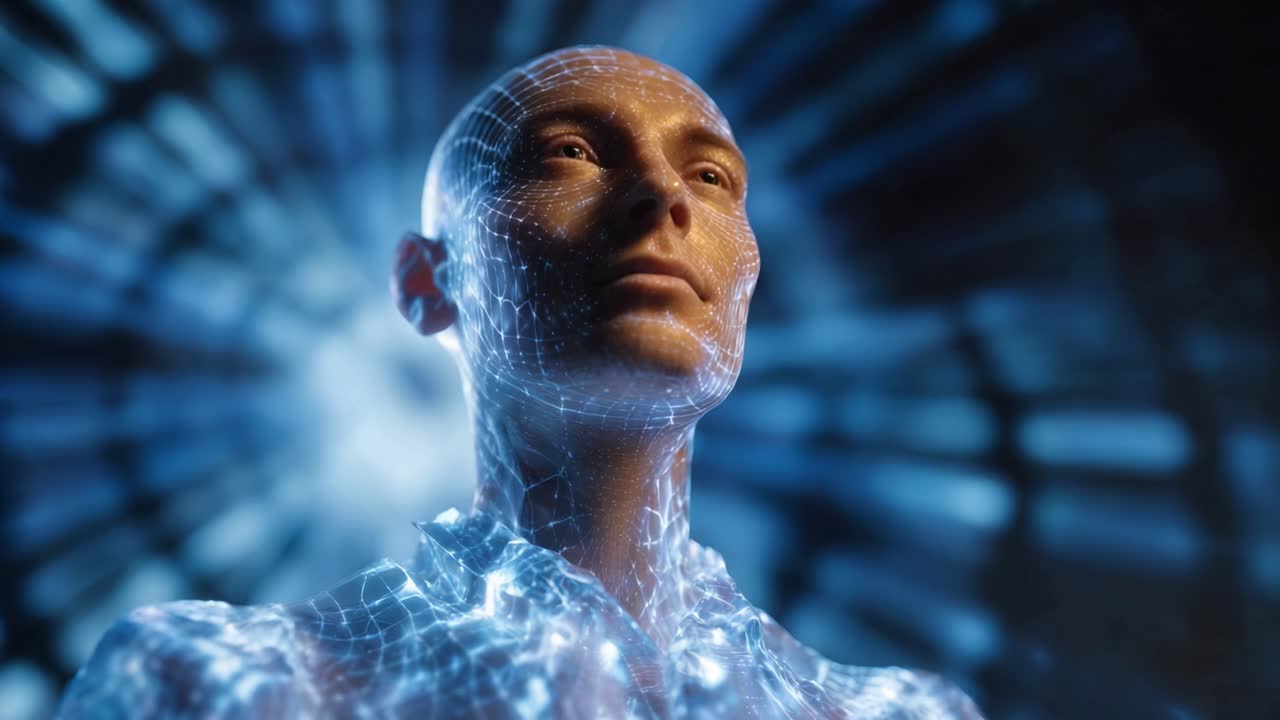 Uma figura humanoide futurista com um design de wireframe brilhante iluminada por feixes radiantes, incorporando a sinergia entre tecnologia e estética humanóide em um reino digital