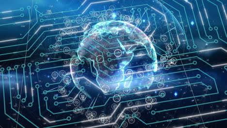 animazione dell'interfaccia digitale con rete di connessioni con globo su sfondo scuro