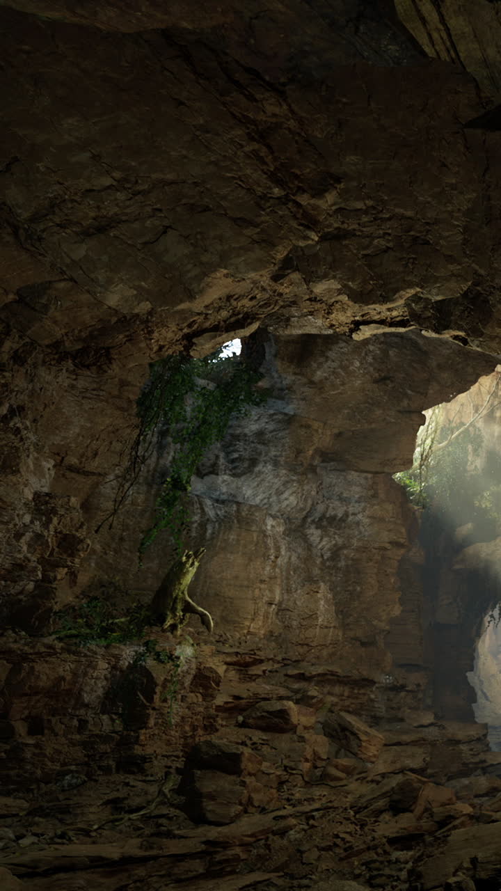 La luce filtra attraverso l'apertura di una grotta, rivelando elementi naturali all'interno.