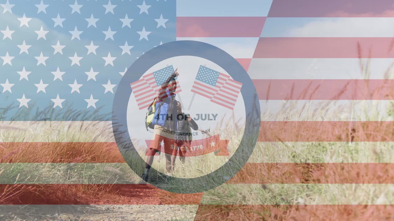 animación del texto del día de la independencia sobre la caminata de una pareja diversa sonriente