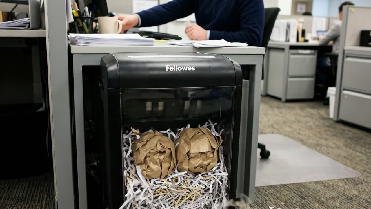 Paper Shredder in Office Cubicle with Worker in Background