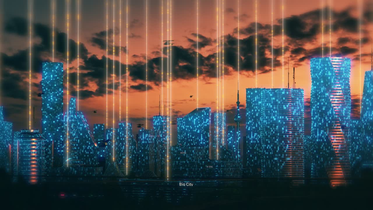 미래의 도시 컨셉: 해가 지는 동안 애니메이션 현대 도시 메가폴리스의 광범위한, 글로벌 빅 데이터 연결, 정보 흐름 및 인공 지능 기술을 보여주는 렌더링 된 마천루.