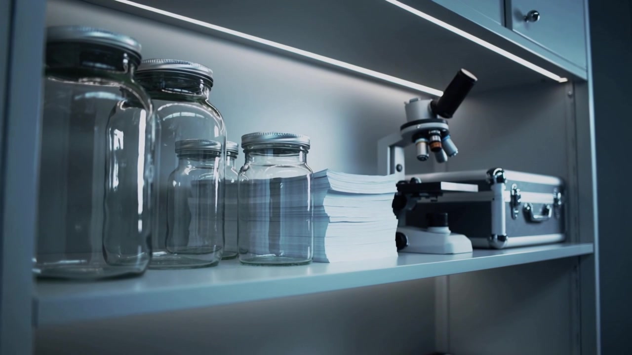 Shifting camera lens adjusting focus on middle shelf in lab, emphasizing jars, microscope, papers