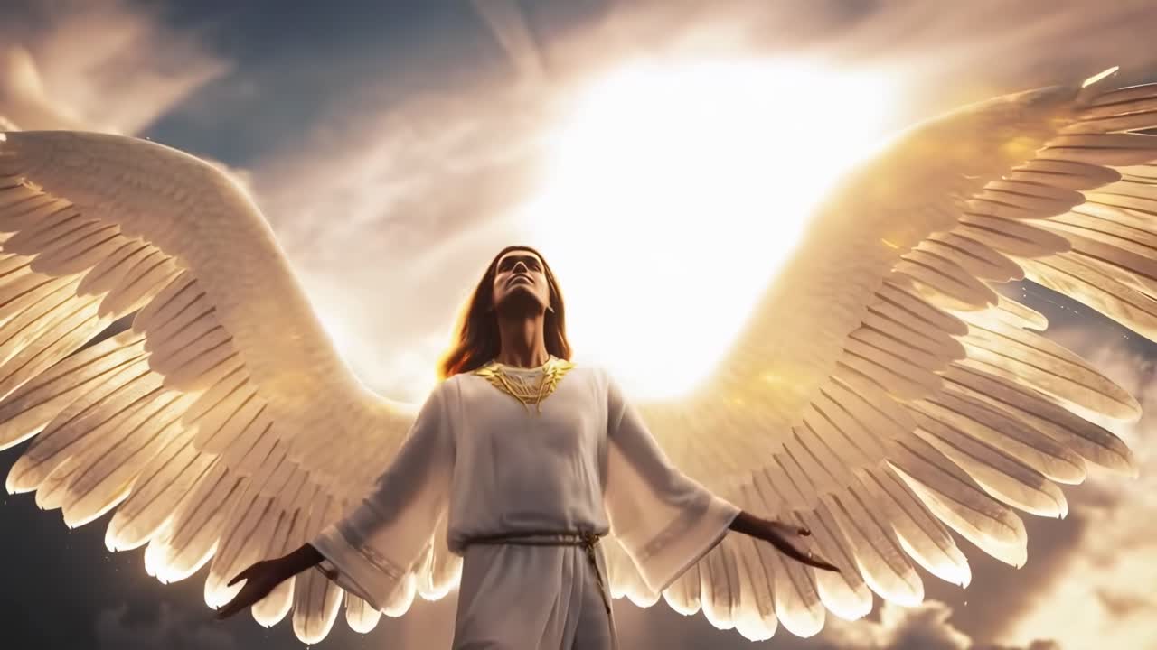 Majestic angel with glowing wings, captured from a low angle, creating a divine video scene