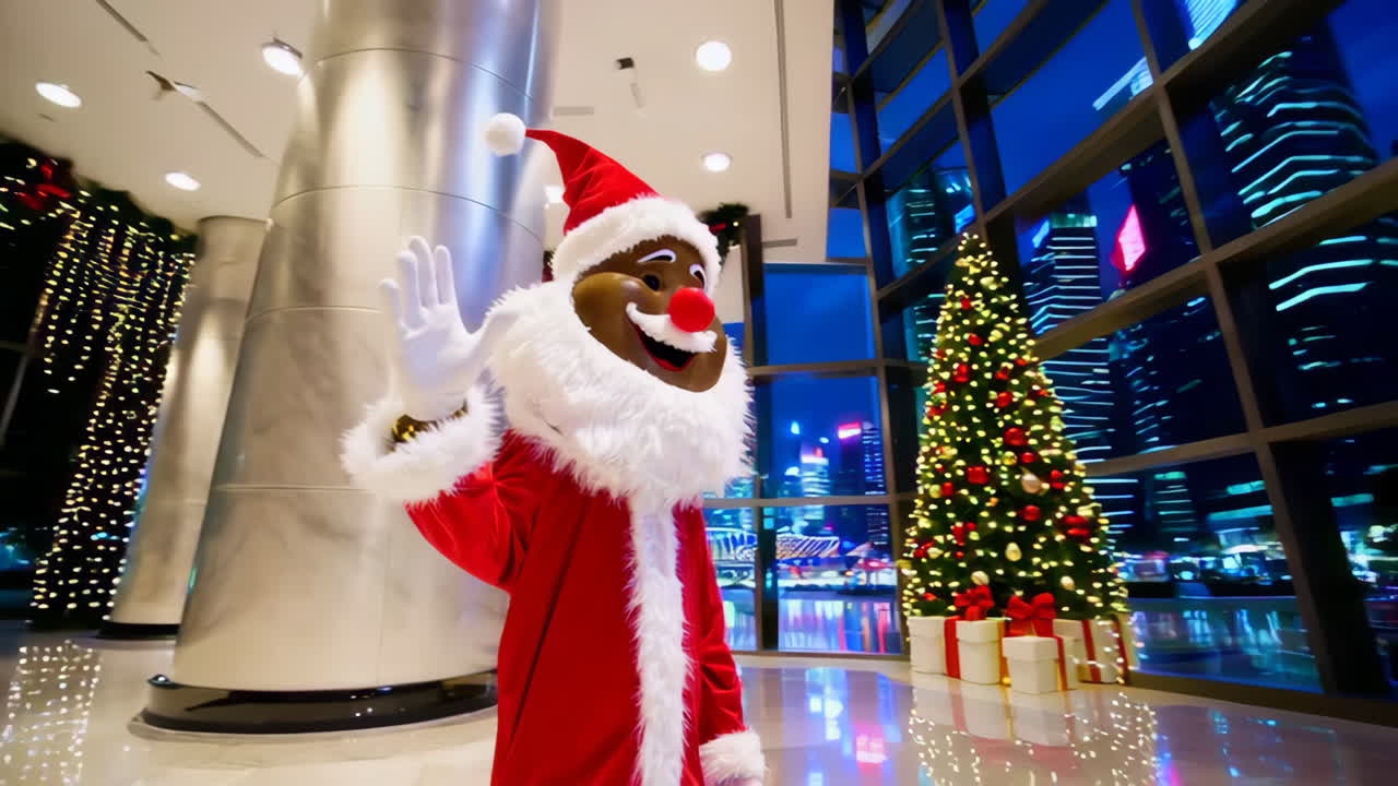 Santa Claus in a Modern Mall Lobby at Night